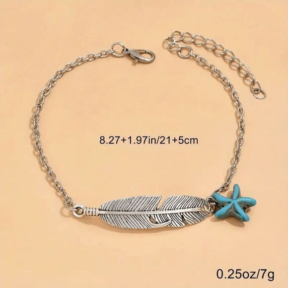 Boho Feather and Turquoise Hanging Star Charm Anklet - Picture 4 of 5